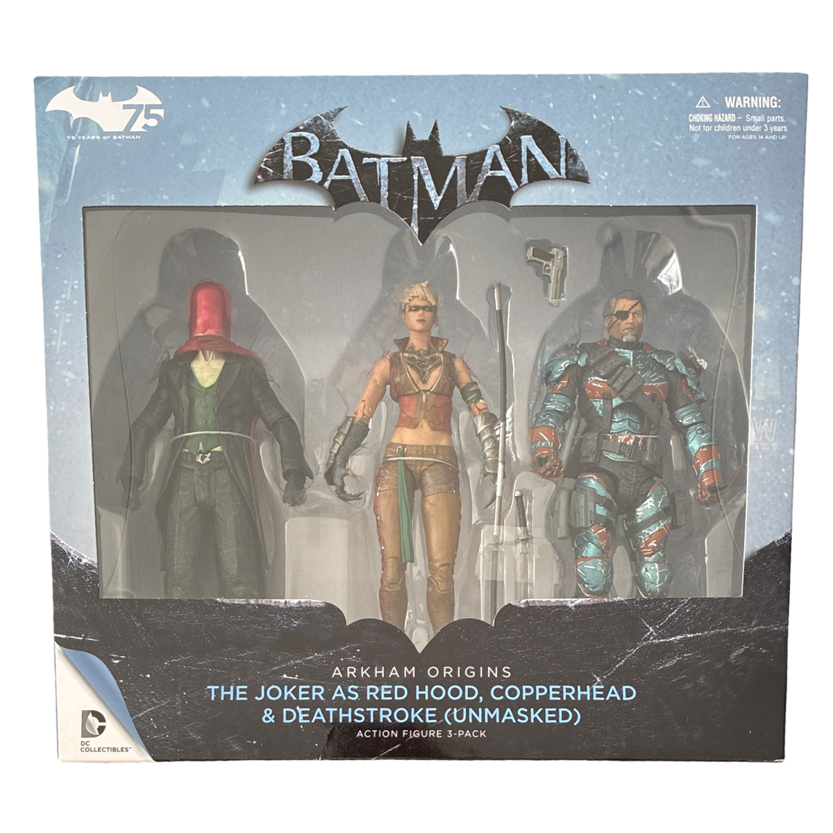 DC Collectibles – Batman: Arkham Origins – The Joker als Red Hood, Deathstroke (maskenlos) & Copperhead (3er-Set) – 18 cm Actionfiguren