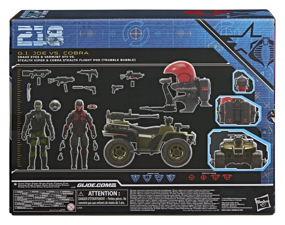 Hasbro - G.I. Joe Classified Series - Snake Eyes & Varmint ATV vs. Stealth Viper & Cobra Stealth Flight Pod (Trubble Bubble) #218 - 6” Action Figures & Vehicle Set